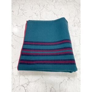 Wool Throw Blanket Teal Red Striped Vintage Large 69"x63"